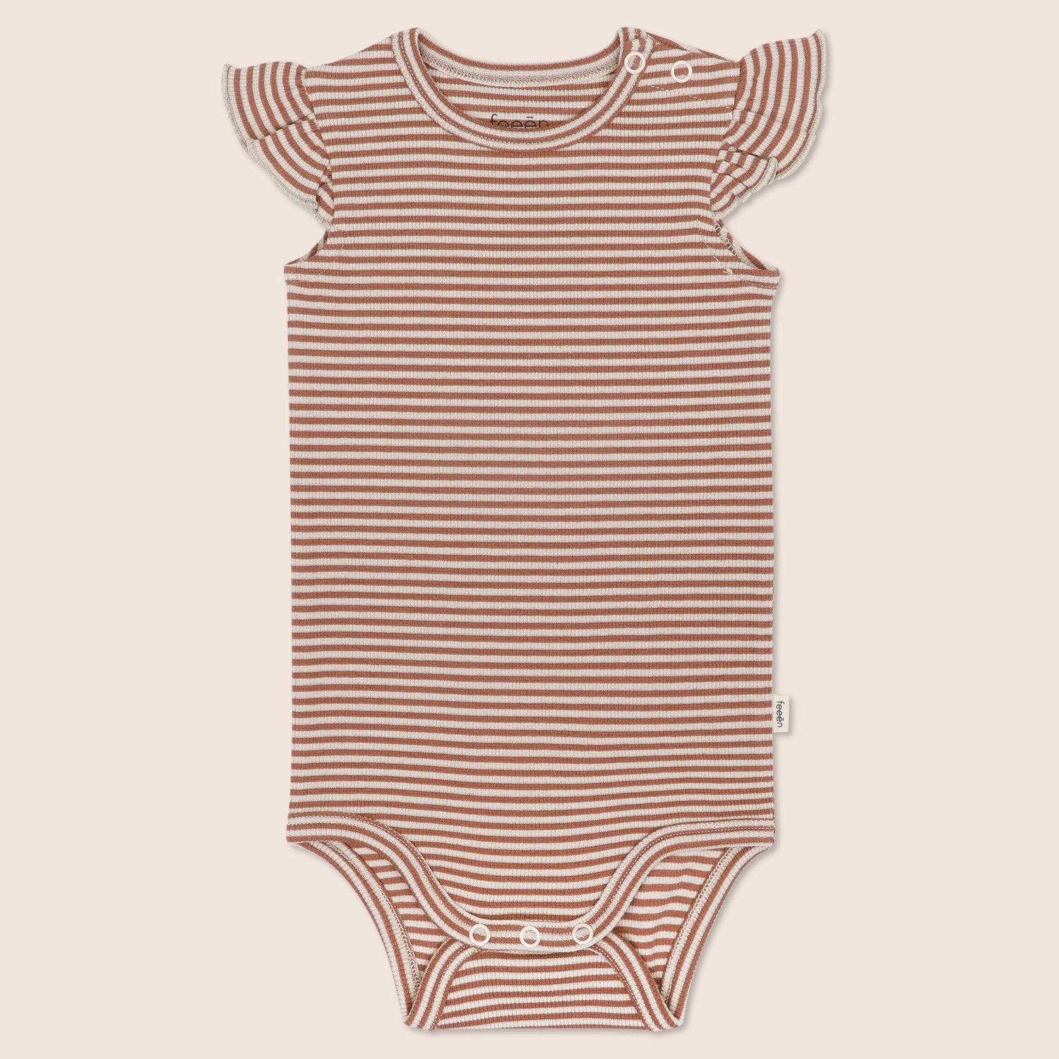 ruffle bodysuit · cognac stripes